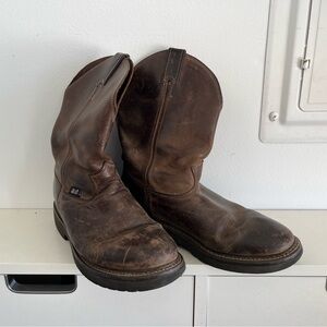 Men's Brown Leather Work Boots - Rugged Slip-On Pull-On Style
